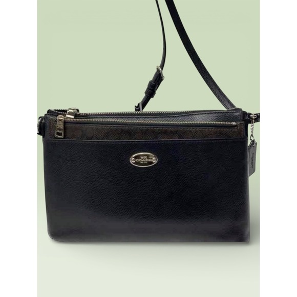 Coach Black Leather Crossbody Bag Purse with Zip Pouch 2 Piece Set Gold Hardware - Picture 3 of 9